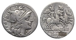M. Atilius Saranus, Rome, 148 BC. AR Denarius (18.5mm, 3.76g, 3h). Helmeted head of Roma r. R/ Dioscuri on horseback riding r. Crawford 214/1b; RBW 90...