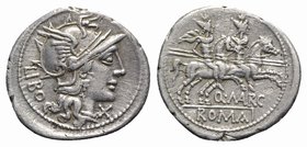 Q. Marcius Libo, Rome, 148 BC. AR Denarius (21mm, 3.71g, 6h). Helmeted head of Roma r. R/ Dioscuri riding r. with couched lances, stars above their he...