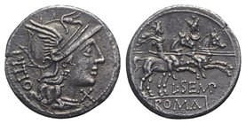 L. Sempronius Pitio, Rome, 148 BC. AR Denarius (19mm, 3.55g, 1h). Helmeted head of Roma r. R/ Dioscuri on horseback riding r. Crawford 216/1; RBW 926;...
