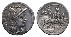 L. Sempronius Pitio, Rome, 148 BC. AR Denarius (19mm, 4.01g, 12h). Helmeted head of Roma r. R/ Dioscuri on horseback riding r. Crawford 216/1; RBW 926...