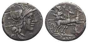 Anonymous, Rome, 143 BC. AR Denarius (17mm, 3.43g, 12h). Helmeted head of Roma r. R/ Diana, holding torch, driving biga of stags r.; crescent below. C...