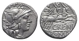 C. Renius, Rome, 138 BC. AR Denarius (16mm, 3.82g, 11h). Helmeted head of Roma r. R/ Juno Caprotina driving biga of goats r., holding whip, reins, and...