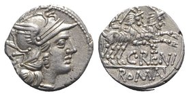 C. Renius, Rome, 138 BC. AR Denarius (16mm, 3.80g, 6h). Helmeted head of Roma r. R/ Juno Caprotina driving biga of goats r., holding whip, reins, and ...
