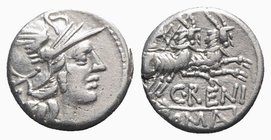 C. Renius, Rome, 138 BC. AR Denarius (16mm, 3.89g, 9h). Helmeted head of Roma r. R/ Juno Caprotina driving biga of goats r., holding whip, reins, and ...