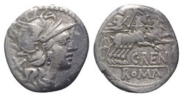 C. Renius, Rome, 138 BC. AR Denarius (17mm, 3.69g, 6h). Helmeted head of Roma r. R/ Juno Caprotina driving biga of goats r., holding whip, reins, and ...