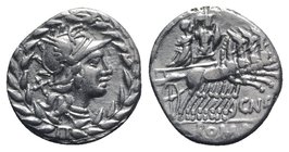 Cn. Gellius, Rome, 138 BC. AR Denarius (18mm, 3.83g, 6h). Helmeted head of Roma r.; all within laurel wreath. R/ Mars driving galloping quadriga r., g...