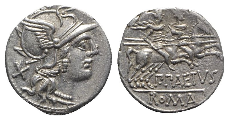P. Aelius Paetus, Rome, 138 BC. AR Denarius (18mm, 3.80g, 7h). Helmeted head of ...