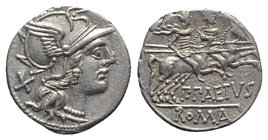 P. Aelius Paetus, Rome, 138 BC. AR Denarius (18mm, 3.80g, 7h). Helmeted head of Roma r. R/ The Dioscuri riding r. Crawford 233/1; RBW 968; RSC Aelia 3...