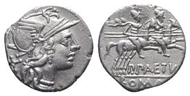 P. Aelius Paetus, Rome, 138 BC. AR Denarius (18mm, 3.92g, 9h). Helmeted head of Roma r. R/ The Dioscuri riding r. Crawford 233/1; RBW 968; RSC Aelia 3...