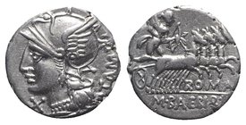 M. Baebius Q.f. Tampilus, Rome, 137 BC. AR Denarius (18mm, 3.82g, 12h). Helmeted head of Roma l. R/ Apollo driving quadriga r., holding bow and arrow....