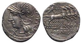 M. Baebius Q.f. Tampilus, Rome, 137 BC. AR Denarius (18.5mm, 3.97g, 12h). Helmeted head of Roma l. R/ Apollo driving quadriga r., holding bow and arro...
