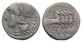 M. Baebius Q.f. Tampilus, Rome, 137 BC. AR Denarius (16mm, 3.82g, 3h). Helmeted head of Roma l. R/ Apollo driving quadriga r., holding bow and arrow. ...