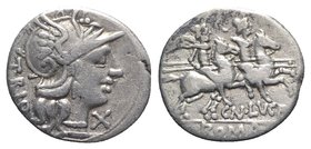 Cn. Lucretius Trio, Rome, 136 BC. AR Denarius (18mm, 3.82g, 6h). Helmeted head of Roma r. R/ Dioscuri on horseback riding r. Crawford 237/1a; RBW 978;...