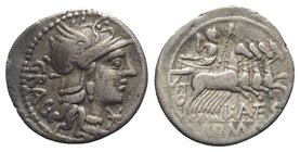 L. Antestius Gragulus, Rome, 136 BC. AR Denarius (20mm, 3.89g, 2h). Helmeted head of Roma r. R/ Jupiter driving quadriga r., holding reins and sceptre...