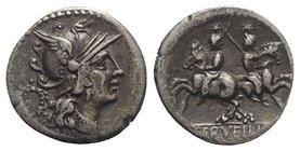 C. Servilius M.f., Rome, 136 BC. AR Denarius (19mm, 4.03g, 9h). Head of Roma r., wearing winged helmet; wreath to l. R/ Dioscuri riding in opposite di...