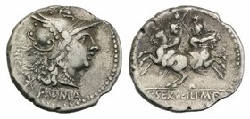 C. Servilius M.f., Rome, 136 BC. AR Denarius (20mm, 3.85g, 6h). Head of Roma r., wearing winged helmet; wreath to l. R/ Dioscuri riding in opposite di...