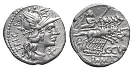 C. Curiatius f. Trigeminus, Rome, 135 BC. AR Denarius (19mm, 3.91g, 9h). Helmeted head of Roma r. R/ Juno driving galloping quadriga r., being crowned...