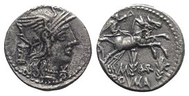M. Marcius Mn.f., Rome, 134 BC. AR Denarius (17mm, 3.96g, 3h). Helmeted head of Roma r.; modius behind. R/ Victory in biga r.; two corn ears below. Cr...