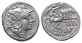P. Maenius Antiaticus M.f., Rome, 132 BC. AR Denarius (20mm, 3.87g, 9h). Helmeted head of Roma r. R/ Victory, holding reins and wreath, driving gallop...