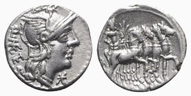 Q. Caecilius Metellus, Rome, 130 BC. AR Denarius (17.5mm, 3.92g, 12h). Helmeted head of Roma r. R/ Jupiter, holding palm frond, reins, and thunderbolt...