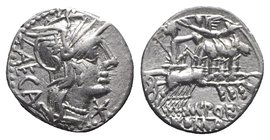 M. Porcius Laeca, Rome, 125 BC. AR Denarius (17mm, 3.83g, 12h). Helmeted head of Roma r. R/ Libertas driving quadriga r., holding reins and vindicta; ...