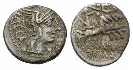 M. Porcius Laeca, Rome, 125 BC. AR Denarius (17mm, 3.90g, 9h). Helemted head of Roma r. R/ Libertas driving quadriga r., holding reins and vindicta; a...