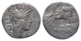 M. Porcius Laeca, Rome, 125 BC. AR Denarius (18mm, 3.80g, 3h). Helmeted head of Roma r. R/ Libertas driving quadriga r., holding reins and vindicta; a...