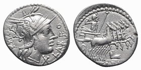 Q. Fabius Labeo, Rome, 124 BC. AR Denarius (18mm, 3.96g, 9h). Helmeted head of Roma r. R/ Jupiter driving galloping quadriga r., hurling thunderbolt, ...
