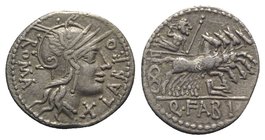 Q. Fabius Labeo, Rome, 124 BC. AR Denarius (19mm, 3.94g, 3h). Helmeted head of Roma r. R/ Jupiter driving galloping quadriga r., hurling thunderbolt, ...