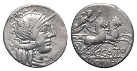 C. Porcius Cato, Rome, 123 BC. AR Denarius (18mm, 3.60g, 2h). Helmeted head of Roma r. R/ Victory driving galloping biga r., holding reins and whip. C...