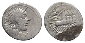 M. Fannius C.f. Rome, 123 BC, AR Denarius (19mm, 3.87g, 3h). Helmeted head of Roma r. R/ Victory driving galloping quadriga r., holding reins and wrea...