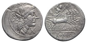 M. Papirius Carbo, Rome, 122 BC. AR Denarius (20mm, 3.85g, 1h). Helmeted head of Roma r.; behind, branch. R/ Jupiter in prancing quadriga r., hurling ...
