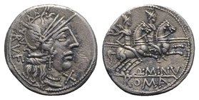 Q. Minucius Rufus, Rome, 122 BC. AR Denarius (18.5mm, 3.85g, 6h). Helmeted head of Roma r. R/ Dioscuri on horseback riding r. Crawford 277/1; RBW 1099...