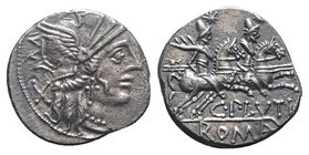 C. Plutius, Rome, 121 BC. AR Denarius (18mm, 3.92g, 6h). Helmeted head of Roma r. R/ The Dioscuri riding r. Crawford 278/1; RBW 1101; RSC Plutia 1. VF