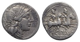 C. Plutius, Rome, 121 BC. AR Denarius (18mm, 3.82g, 9h). Helmeted head of Roma r. R/ The Dioscuri riding r. Crawford 278/1; RBW 1101; RSC Plutia 1. Ne...