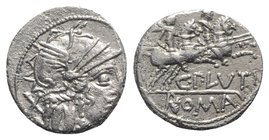 C. Plutius, Rome, 121 BC. AR Denarius (17mm, 3.87g, 9h). Helmeted head of Roma r. R/ The Dioscuri riding r. Crawford 278/1; RBW 1101; RSC Plutia 1. Ne...