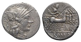 Cn. Papirius Carbo, Rome, 121 BC. AR Denarius (19mm, 3.82g, 9h). Helmeted head of Roma r. R/ Jupiter driving galloping quadriga r., hurling thunderbol...