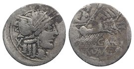 Cn. Papirius Carbo, Rome, 121 BC. AR Denarius (21mm, 3.71g, 12h). Helmeted head of Roma r. R/ Jupiter driving galloping quadriga r., hurling thunderbo...