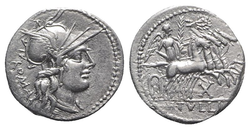 M. Tullius, Rome, 119 BC. AR Denarius (21mm, 3.88g, 9h). Helmeted head of Roma r...