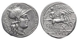 M. Tullius, Rome, 119 BC. AR Denarius (21mm, 3.88g, 9h). Helmeted head of Roma r. R/ Victory driving galloping quadriga r., holding palm frond and rei...