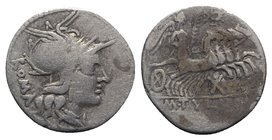 M. Tullius, Rome, 119 BC. AR Denarius (19.5mm, 3.78g, 3h). Helmeted head of Roma r. R/ Victory driving galloping quadriga r., holding palm frond and r...