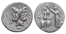 M. Furius L.f. Philus, Rome, 120 BC. AR Denarius (19mm, 3.89g, 6h). Laureate head of Janus. R/ Roma standing l., holding spear and crowning trophy of ...
