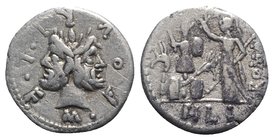 M. Furius L.f. Philus, Rome, 120 BC. AR Denarius (19mm, 3.75g, 3h). Laureate head of Janus. R/ Roma standing l., holding spear and crowning trophy of ...