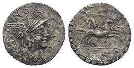 L. Pomponius Cn.f., Rome, 118 BC. AR Serrate Denarius (19mm, 3.50g, 6h). Helmeted head of Roma r. R/ Bituitus in biga r. Crawford 282/4; RBW 1109; RSC...