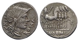 Cn. Domitius Ahenobarbus, Rome, 116-115 BC. AR Denarius (20mm, 3.92g, 1h). Helmeted head of Roma r. R/ Jupiter driving triumphal quadriga r., holding ...