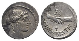 Roman Imperatorial, Albinus Bruti f., Rome, 48 BC. AR Denarius (19mm, 3.76g, 6h). Bare head of Pietas r. R/ Clasped hands holding winged caduceus. Cra...