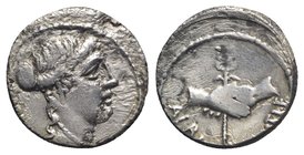 Roman Imperatorial, Albinus Bruti f., Rome, 48 BC. AR Denarius (18mm, 3.67g, 12h). Bare head of Pietas r. R/ Clasped hands holding winged caduceus. Cr...