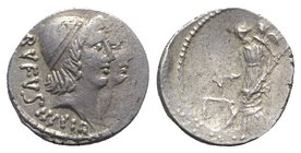 Roman Imperatorial, Mn. Cordius Rufus, Rome, 46 BC. AR Denarius (16mm, 4.13g, 3h). Conjoined heads of the Dioscuri r., wearing pilei with fillet surmo...