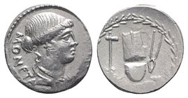 Roman Imperatorial, T. Carisius, Rome, 46 BC. AR Denarius (17mm, 4.11g, 6h). Head of Juno Moneta r. R/ Implements for coining money: anvil die with ga...