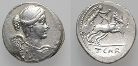 Roman Imperatorial, T. Carisius, Rome, 46 BC. AR Denarius (18mm, 3.98g, 3h). Draped and winged bust of Victory r. R/ Victory driving quadriga r. Crawf...